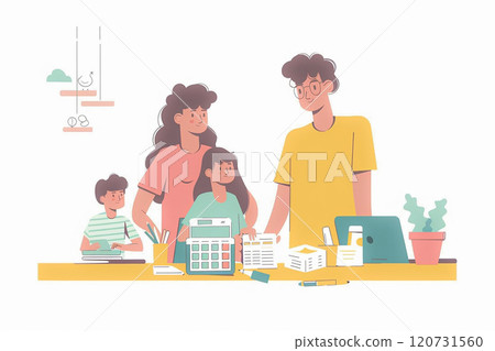 Couples calculating monthly expenses and income, family budget concept, flat vector illustration 120731560