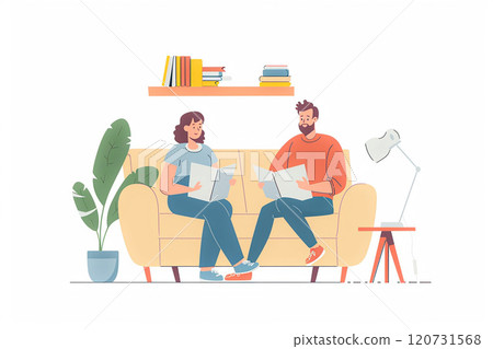 Managing family budget, couple calculating finances, flat vector illustration 120731568