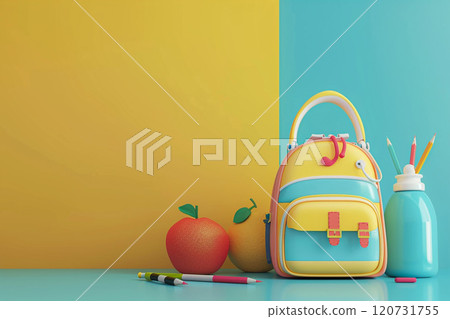 3D animation, school bag, pencil case, water bottle, back to school background 120731755