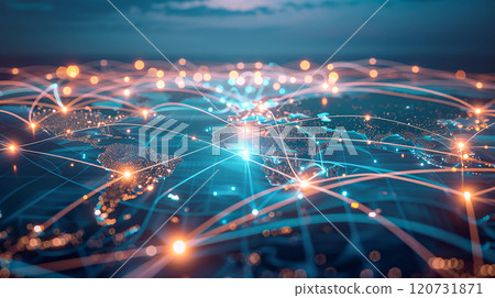 Global supply chain network, abstract map of transportation routes and distribution hubs, modern design Global supply chain network, abstract map of transportation routes and distribution hubs, modern design 120731871