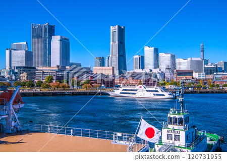 Yokohama cityscape in Japan, overlooking Minato Mirai. In the foreground is the training ship Taisei Maru, docked at Osanbashi Pier. (November 28th) Yokohama cityscape in Japan, overlooking Minato Mirai. In the foreground is the training ship Taisei Maru, docked at Osanbashi Pier. (November 28th) 120731955