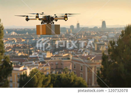 Large drones in flight with parcel boxes, city background slightly out of focus 120732078