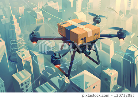 Conceptual illustration of a large delivery drone transporting packages, urban background 120732085