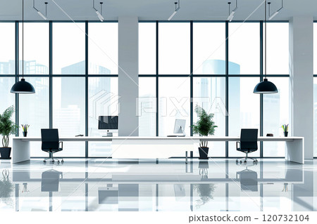 Minimalist office environment with clean lines, large windows, and professionals working online, vector art 120732104