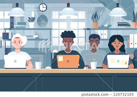 Group of colleagues in a modern office, each focused on their laptops, engaged in virtual collaboration, vector style 120732105