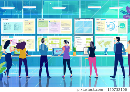 High-tech workspace with digital whiteboards, employees brainstorming ideas through online platforms, vector illustration 120732106