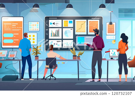 High-tech workspace with digital whiteboards, employees brainstorming ideas through online platforms, vector illustration 120732107