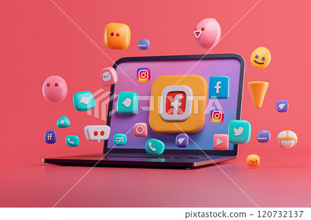 Brightly colored 3D social media app icons floating above a laptop with a blank screen, tech-inspired setup 120732137