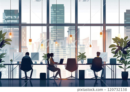 Minimalist office environment with clean lines, large windows, and professionals working online, papercut art 120732138