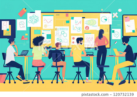 High-tech workspace with digital whiteboards, employees brainstorming ideas through online platforms, papercut illustration 120732139
