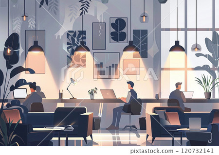 Professional workspace with sleek decor, employees working on digital devices, connected remotely, papercut illustration 120732141