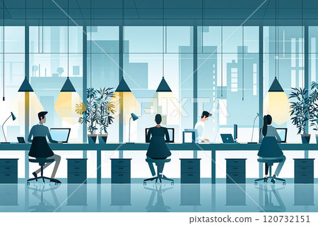 Vector papercut illustration of a modern office space with sleek desks and employees working on laptops 120732151