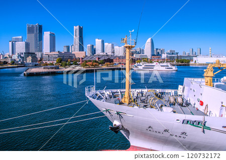 Yokohama cityscape in Japan, overlooking Minato Mirai. In the foreground is the training ship Taisei Maru, docked at Osanbashi Pier. (November 28th) 120732172