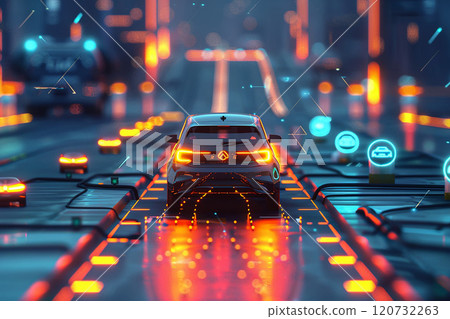 Advanced roadway with integrated charging technology for electric vehicles, 3D clean energy icons Advanced roadway with integrated charging technology for electric vehicles, 3D clean energy icons 120732263