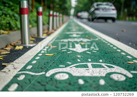 Innovative highway with electric vehicle surface charging, 3D green energy icons Innovative highway with electric vehicle surface charging, 3D green energy icons 120732269