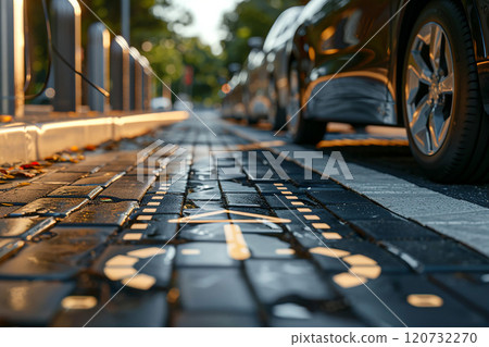 Modern road with built-in charging system for electric cars, 3D renewable energy symbols 120732270