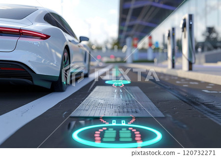 Modern road with built-in charging system for electric cars, 3D renewable energy symbols 120732271