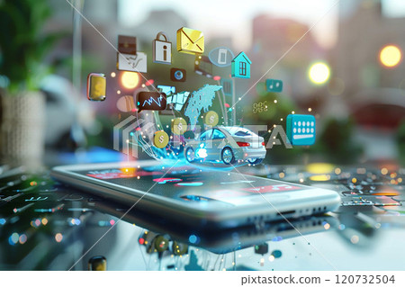 Dynamic and detailed 3D icons of internet network, money, stocks, cars, houses, and music notes emerging from a smartphone screen Dynamic and detailed 3D icons of internet network, money, stocks, cars, houses, and music notes emerging from a smartphone screen 120732504