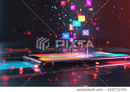 Internet network icons leaping out of a smartphone screen, glowing symbols, and digital connections Internet network icons leaping out of a smartphone screen, glowing symbols, and digital connections 120732505