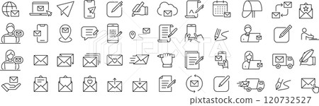 Vector monochrome line icon set about mail and letters 120732527