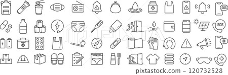 Vector monochrome line icon set about disaster prevention goods 120732528