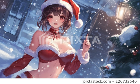 Festive Anime Girl in Santa Outfit Decorating Christmas Tree in Snowy Night_8 Festive Anime Girl in Santa Outfit Decorating Christmas Tree in Snowy Night_8 120732540