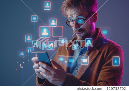 Gen Y businessman, smartphone in hand, 3D video call icons floating around, engaging digital meeting concept 120732702