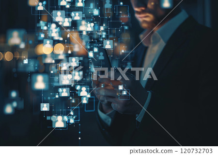 Gen Y businessman, smartphone in hand, 3D video call icons floating around, engaging digital meeting concept 120732703