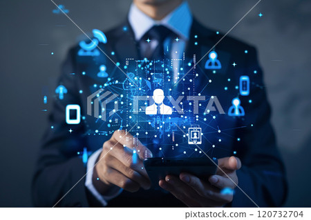 Business professional holding phone, 3D video call icons emerging, innovative virtual meeting visual 120732704