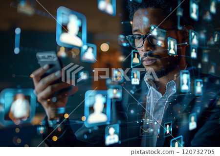 Business professional holding phone, 3D video call icons emerging, innovative virtual meeting visual 120732705
