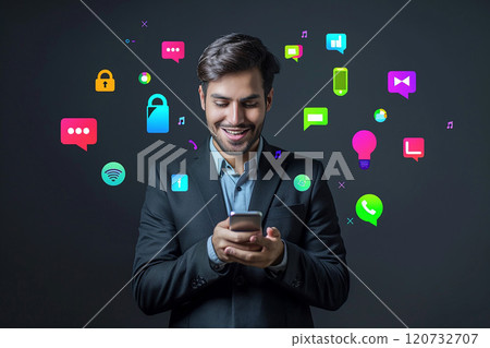 Young businessman with phone, colorful 3D video call icons, dynamic online communication image 120732707
