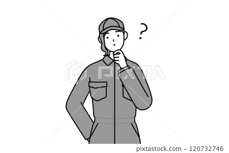 A female mechanic in overalls tilts her head in doubt 120732746