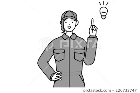A female mechanic in overalls comes up with an idea 120732747