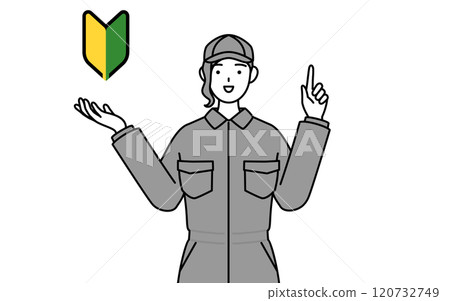A female mechanic wearing overalls showing the green leaf mark 120732749