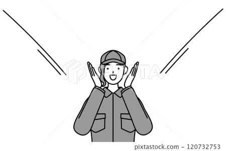 A female mechanic in overalls calls out to passengers with her hand over her mouth A female mechanic in overalls calls out to passengers with her hand over her mouth 120732753