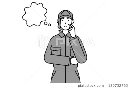 A female mechanic in overalls thinking with her hands on her face A female mechanic in overalls thinking with her hands on her face 120732763