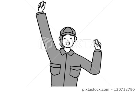 A female mechanic in overalls jumps with joy and lightness 120732790