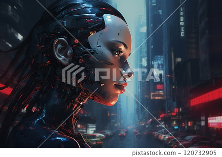 A humanoid robot showcases a head that closely resembles a human's, with visible circuitry adding to its uniqueness. Created with generative AI tools A humanoid robot showcases a head that closely resembles a human's, with visible circuitry adding to its uniqueness. Created with generative AI tools 120732905