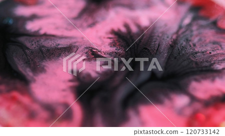 Ink blot. Acrylic fluid mix. Defocused pink red black color paint splash liquid dye bubbles with shiny gloss glitter particles spill glass cube abstract art background. Ink blot. Acrylic fluid mix. Defocused pink red black color paint splash liquid dye bubbles with shiny gloss glitter particles spill glass cube abstract art background. 120733142