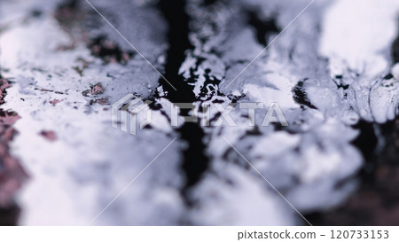 Ink drip. Paint liquid spill. Defocused black white red color stain acrylic dye blot pigment splash emulsion fluid leak glass cube abstract art background. 120733153