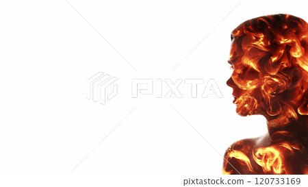 Surreal portrait. Female energy. Orange color burning woman flaming silhouette double exposure isolated on white copy space background. Surreal portrait. Female energy. Orange color burning woman flaming silhouette double exposure isolated on white copy space background. 120733169