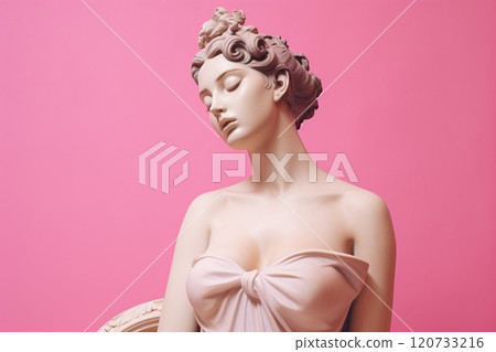 An exquisite female statue displayed against a soft pink backdrop. Created with generative AI tools 120733216