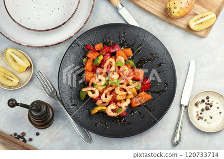 Salad with prawns and fruit. Salad with prawns and fruit. 120733714
