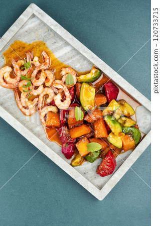 Grilled shrimp, caramelized marinade. Grilled shrimp, caramelized marinade. 120733715