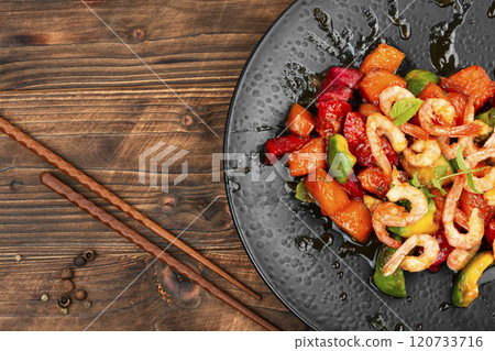 Fried prawns on a plate. 120733716