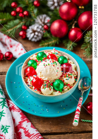 Bowl of vanilla ice cream topped with colorful sprinkles and festive ornaments, surrounded by holiday decorations on a rustic table. Bowl of vanilla ice cream topped with colorful sprinkles and festive ornaments, surrounded by holiday decorations on a rustic table. 120733788