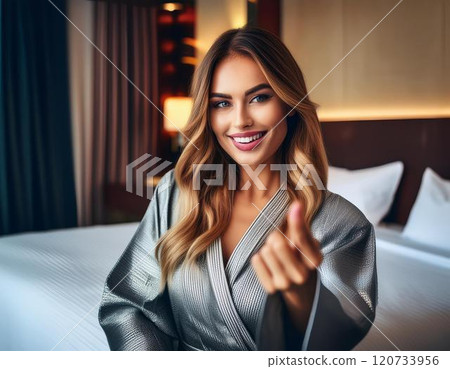 In a luxury hotel bedroom, a beautiful British woman in her twenties beckons, "Come on." In a luxury hotel bedroom, a beautiful British woman in her twenties beckons, "Come on." 120733956