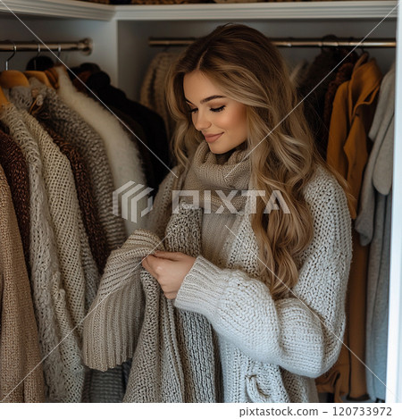 Portrait of a woman trying on winter clothes in a closet 120733972