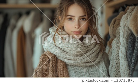 一位女士在衣櫃裡試穿冬裝的肖像 120733973