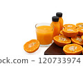 Glass of orange juice and fresh fruits on wooden isolated on white background with copy space 120733974